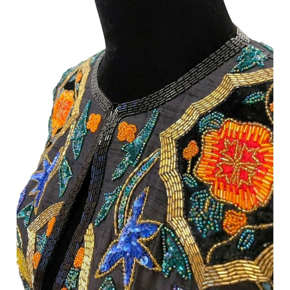 Vintage Cache Womens Open Front Jacket Small Black Silk Ornate Floral Beaded - Picture 4 of 13